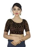 PU Fashion Stylish Golden Embroidery Work Readymade Half Sleeve Stretchable Velvet Blouse - Soft Breathable Fabric, Latest Saree Blouse For Women Brown Size 38"