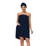 Verve Jelly Women's Spa Bath Body Wraps & Hair Towel Lightweight Knee Length Shower Wrap with Adjustable Closure Navy Blue XL