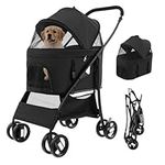 COSTWAY 3 in 1 Pet Stroller, Folding Dog Strollers with Detachable Car Seat Carrier, Adjustable Canopy, Storage Basket, 4 Wheels Travel Pushchair for Small Medium Dogs Cats (Black)