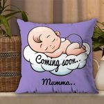 AWANI TRENDS Coming Soon Mumma Pregnant Gift for Wife Women Sister Pregnancy Gift for Baby Shower Printed Cushion Cover(12 X 12 Inch) with Filler-Purple