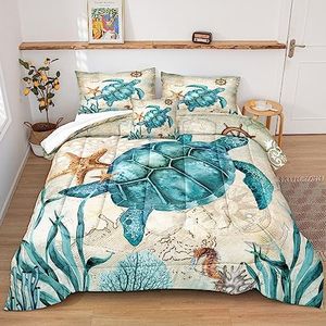 Merryword Turtle Comforter Set Ocean Themed Comforter Teal Blue Turtle Pattern Beach Comforter Soft Microfiber Bedding Sets Queen Size 4 Pieces Bedding (Queen, Turtle)