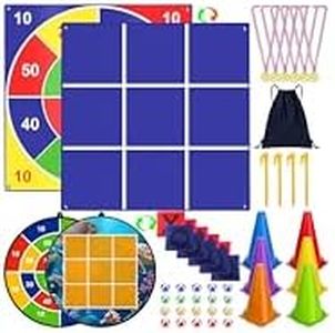 Carnival Games Set, Giant Tic Tac Toe Games, 4ft x 4ft Double-Sided, 26" Dart Board with Sticky Balls, Soft Plastic Cones Ring Toss Game Set for Kids Adults Family Outdoor Lawn Yard Birthday Party