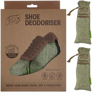 Eco Basics Shoe Deodoriser Twin Pack – 18x6x4 cm. Bamboo charcoal absorbs moisture, bacteria, and odours. Reusable by sun exposure. Lasts 1 year; eco-friendly compostable charcoal for garden use.