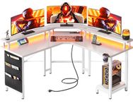 Flrrtenv Computer Desk L-Shape 50.8" with Power Outlets & LED Strip, Reversible L Shaped Gaming Desk Corner Desk with Monitor Stand & Cup Holder, Computer Desk L Shape Office Table, White Carbon Fiber