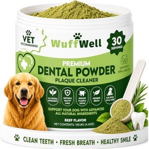 WuffWell Dog Teeth Cleaning Powder with Probiotics – Dog Dental Care for Plaque & Tartar Remover – Effective Dog's Teeth Care & Oral Hygiene for Fresh Breath – USA Made Dental Powder for Dogs Teeth