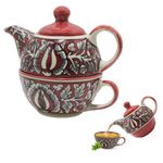 Mirakii Ceramic Red Printed One Cup Tea Set, 1 Cup-180ml,1 Kettle-380 ml Floral Strainer, Serve Herbal Tea or Milk in Kettle (Red)