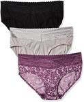 Warner's Womens Blissful Benefits No Muffin 3 Pack Hipster Panties, Amaranth Abstract Print/Black/Platinum, Small