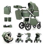 Kakbgee 3 in 1 Baby Stroller, City Pram Travel System, Pushchair Height Adjustable Handle, Baby Buggy & Car Seat, Mosquito Net, High Landscape Aluminium Frame Pram for Newborn, 22KG, Green