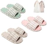 3 Pairs Floral Cotton House Slippers for Women, Open Toe Indoor Slippers Comfortable Washable Portable Foldable Guest Travel Hotel Airplane Spa Slippers, Light Stripes, 7-8.5