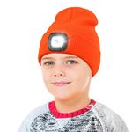 Rechargeable LED Lighted Hat, 4 LED head torch hat, Unisex Warm Knitted Winter Hats for Hiking, Biking, Camping, Christmas Tech Geek Gifts for Boys Girls Kids Orange