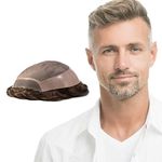 Superhairpieces Basic Hairpiece Toupee for Men 6" Indian Remy + Synthetic Hair 7.5"x9" Mono Silk Top with thick Poly Side Coating + Poly See-through Skin Front (Light Brown + 40% Grey Synthetic Hair)