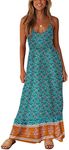 Angashion Women's Dresses Floral Adjustable Spaghetti Strap V Neck Boho Long Maxi Dress Summer Beach Flowy Ethnic Sundress 2155 Green X-Large