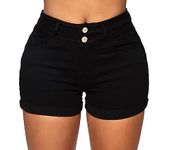 Pnadty Women's High Waisted Folded Hem Stretchy Denim Shorts with Button Pockets Jean Shorts for Women(Black,Small)