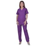 FRENCH TERRAIN® UNISEX V-NECK POLYESTER COTTON MEDICAL SCRUB SUIT FOR DOCTORS (TOP AND BOTTOM) TRIPLE NEEDLE STITCH TOP WITH CHEST POCKET, PURPLE, 44–2XL.