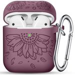 Maledan Flower Engraved Case Compatible with AirPods Case Cover, Cute Silicone Shockproof Protective Case for Airpods 2nd & 1st Generation Case with Carabiner [LED Visible] for Women,B-Smoke Violet