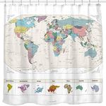 Sunlit Map of The World Shower Curtain with Detailed Major Cities. PVC Free, Non-Toxic and Water Repellent Fabric Shower Curtain, Bathroom Decor Tapestry, (71x71)