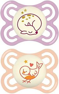 MAM Perfect Night Pacifiers (2 Pacifiers & Sterilizing Box), MAM Soother with a Silicone Nipple, Glow in the Dark Pacifiers, Baby Essentials, Girl, 0-6 Months