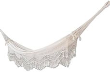 NOVICA Natural Beige Ecru Cotton 2 Person Hand Woven XL Brazilian Hammock with Handmade Crochet Fringe, Manaus Majesty' (Double)