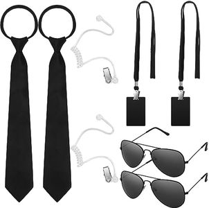 Mepase Set of 10 Agent Costume Accessory Kit Secret Security Guard Costume Adjustable Pretied Zipper Tie Black Sunglasses ID Badge Prop Earpiece for Men Halloween Party Cosplay Game, As Shown in the