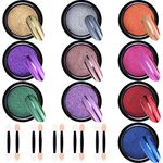 Duufin 10 Jars Nail Powder Metallic Chrome Powder 10 Colours Mirror Effect Nail Powder with 10 Pcs Eyeshadow Sticks for Nail Art Decoration, 1g/Jar