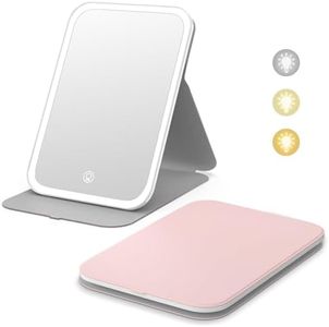 Kintion Travel Mirror, LED Portable Mirror with Lights, 360° Rotation Touch Screen Makeup Mirror, 3-Color Dimmable Light up Compact Mirror, Rechargeable Tabletop Folding Travel Makeup Mirror, Pink