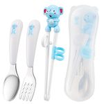 3Pcs Kids Training Chopsticks,Kid Chopstick Reusable Elephant Childrens Chopstick Learning Chopstick Easy to Use Right Learning Chopstick for Children Toddler Beginners,Include Spoon Portable Box,Blue