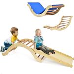Costzon Climbing Ladder for Toddler with Ramp/Padding, 3-in-1 Wooden Arch Climber Toys for Sliding, Climbing and Rocking, Indoor Outdoor Safety Play Gym Vaulted Ladder Playset for Kids (Natural)