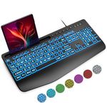 SABLUTE Large Print Backlit Keyboard with Wrist Rest， Wired USB Lighted Computer Keyboard with 7-Color & 4 Modes Backlit, Oversize Letters Keys Easy to See and Type Compatible for PC, Laptop