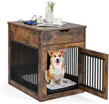 Giantex Dog Crate Furniture, Dog Kennel End Table with Chew-Proof Metal Fence, Lockable Door, Storage Drawer, Wired and Wireless Charging, Wooden Pet Cage Side Table Indoor (Rustic Brown)