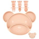 PandaEar Silicone Suction Plate Spoon and Fork for Self-Feeding, Divided Toddler Plate, 100% Silicone Baby Food Plate, BPA Free, Dishwasher Microwave Safe, Bear Shape (Pink)