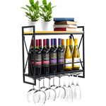 Sorbus Wine Bottle Stemware Glass Rack, Industrial 2-Tier Wood Shelf, Wall Mounted Wine Racks with 5 Stem Glass Holders for Wine Glasses, Flutes, Mugs, Home Décor, Metal