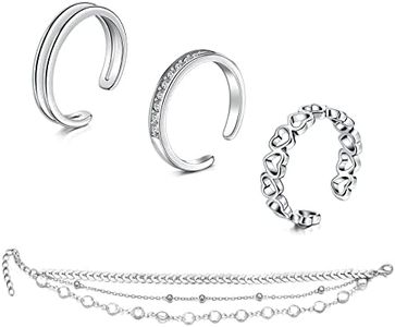 Toe Rings With Anklets Set for Women, Adjustable Classic Circle Type Cubic Zirconia Band Flower Open Toe Ring and Multi-layer Anklets Beach Foot Jewelry