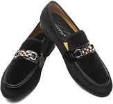 XQWFH Men's Velvet Loafers,Mens Dress Shoes with Gold Chain, Slip On Flats Smoking Slippers Penny Shoes for Men,Black