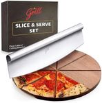 Hans Grill Pizza Cutting Board and Pizza Cutter Rocker Blade Gift Set Professional Stainless Steel Food Slicer with 13.5" Acacia Wooden Board Perfect for Slicing and Serving Pizza, Pies and Cheese