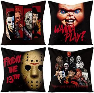 4Pcs Horror Classic Movie Characters Pillow Covers, 18 x 18 Inch Halloween Friday The 13th Throw Pillow Case Linen Decorative Square Cushion Covers for Horror Theme Party Decor Birthday Gift