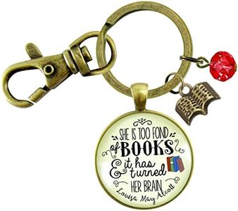 Book Keychain She Is Too Fond Boho Aesthetic Jewelry For Women Teens Key Ring - Reader Literary Lover Quote Louisa May Alcott Bronze Pendant Open Book Charm Red Bead, Themed Message Card & Box