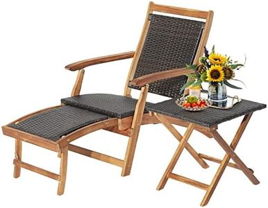RELAX4LIFE Patio Lounge Chair Set - Outdoor Acacia Wood Chaise Lounge w/Side Table, Armrest & Retractable Ottoman, Rattan Seat, Tabletop, Quick Folding Sunbathing Chair for Backyard, Poolside (1)