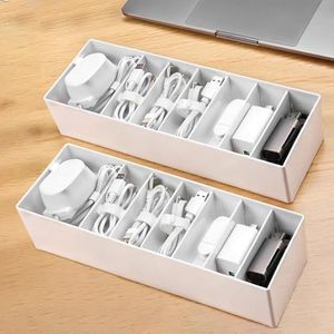 PAVSTINE Datenkabel-Organisator Kleiner 2er-Pack, Kabelbox Weiß mit Verstellbaren Fächern, Kabel Organizer mit 14 Kabelbindern zur Aufbewahrung von Schreibwaren, Batterien und Ladekabeln.