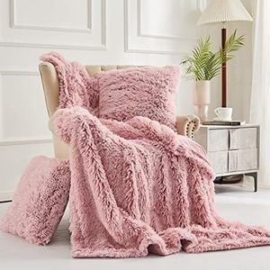 XeGe 3 Pieces Soft Faux Fur Throw Blanket Set, Fluffy Furry Blanket 50x60, Shaggy Plush Fuzzy Blanket with Set of 2 Throw Pillow Covers 20x20 for Bed Couch Sofa Living Room Office Dorm, Pink Ombre