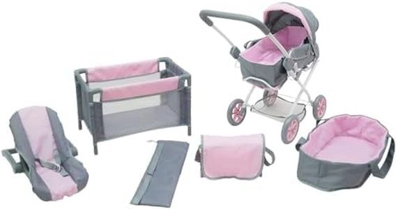 KOOKAMUNGA KIDS Set di 5 passeggini per bambole, accessori per bambole, set da gioco con culla e seggiolino auto, box, culla per il trasporto, borsa per pannolini, età 3+, colore: grigio/rosa