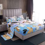 Cute Dogs Kids Sheet Queen Size,Corgi Pug Bones Cartoon Bedding Set,Girls Boys Adults Bedroom Decor,Kawayi Animals Pets Lovely Starry Sky Romantic Bed Sheet Set 4pcs(Fitted + Flat + 2 Pillowcases)