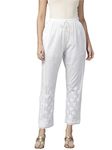 Ada Lucknow Chikankari Hand Embroidered White Cotton Straight Palazzo Pant Culottes For Women A711172 (L)