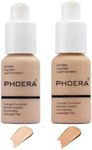 2 Pcs Phoera Foundation Makeup 102 and 104 Liquid Full Coverage 24HR Matte Oil Control Foundation Makeup Concealer (Nude & Buff Beige) with Kabuki Foundation Brush Flat Top