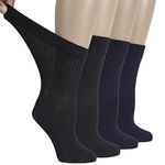 HUGH UGOLI Women's Cotton Diabetic Crew Socks, Wide, Thin, Loose Fit and Stretchy, Seamless Toe & Non-Binding Top, 4 Pairs, NavyBlue/Black, Shoe Size: 6-9