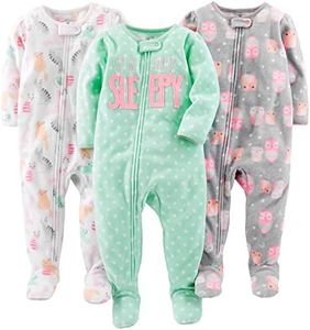 Simple Joys by Carter's Baby Girls' 3-Pack Loose Fit Flame Resistant Fleece Footed Pajamas, Cat/Dots/Owls, 18 Months