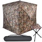 Hunting Blind, 270°View 1-3 Person See Through Ground Blinds with Tri-Leg Hunting Stool,Ground Deer Stand Pop Up Tent for Deer Turkey Duck Hunting(Camo, 58 "Lx58 Wx66 H)