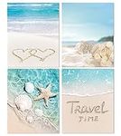 KAIRNE Ocean Beach Canvas Wall Art Prints, Good Vibes Only Quote Inspirational Wall Painting, Starfish Beach Mural Art Posters for Bathroom Living room bedroom Decoration,Unframed 4 Pcs (8 ”× 10”