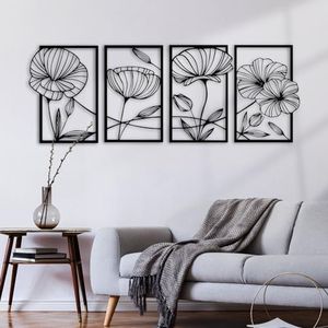 ESTART Decor 4 Piece Metal Lotus Flower Wall Decor, Abstract Floral Aesthetic Splicing Line Art, Minimalist Hanging Wall Sculpture for Living Room Bedroom Office and Yoga Room (Black)