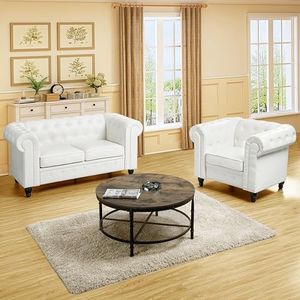 Naomi Home Emery Chesterfield Love Seat & Accent Chair with Rolled Arms, Tufted Cushions for, Living Room, Bedroom, Apartment Easy Tool-Free Assembly – Off White