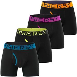 INNERSY Boxers for Men Anti Chafing Underwear Front Cotton Trunks Black Underpants Pack of 4 (L, 4 Black with Colorful Waist)